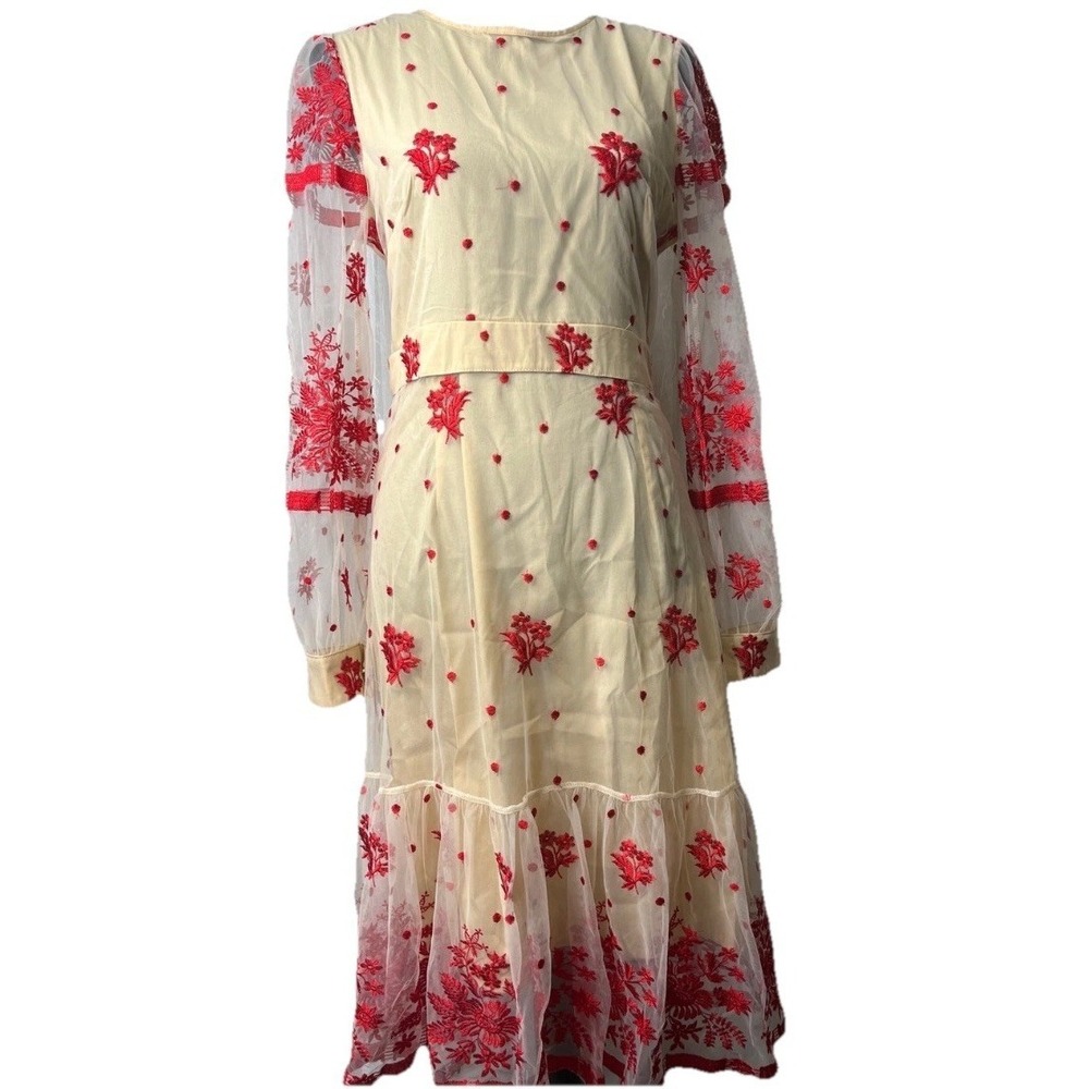 Kaimilan Dress Women's Size 2‎ Lace Mesh Floral Cottage Core Red Ivory NWT